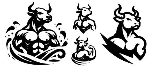 bull character designs in various positions logo style vector