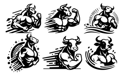 set of bull illustrations for logos in various poses vector