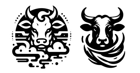 hand-drawn bull logos in multiple action poses vector