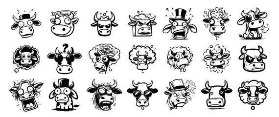 Fototapeta premium ariety of emotional cow caricatures black vector design