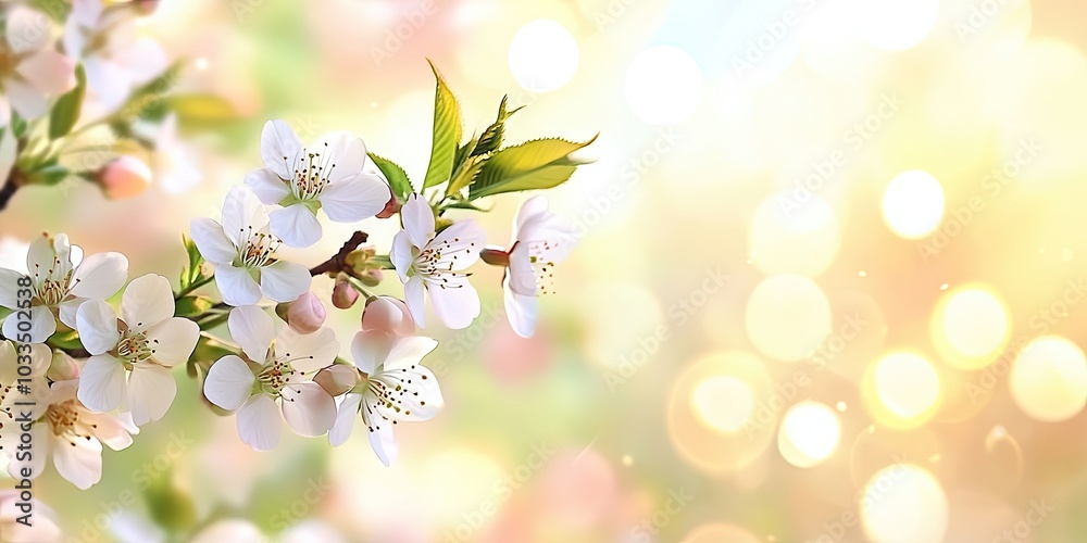 Poster abstract spring background featuring defocused cherry blossoms in spring with copyspace, a natural s