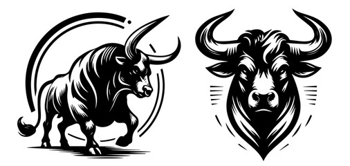 black vector bulls in different action poses logo style