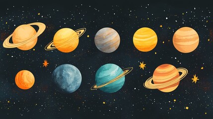 Fototapeta premium Colorful depiction of planets in vibrant colors against a dark starry background.