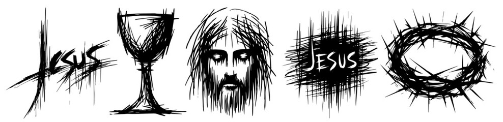 spiritual devotion represented through abstract religious symbols in black sketch
