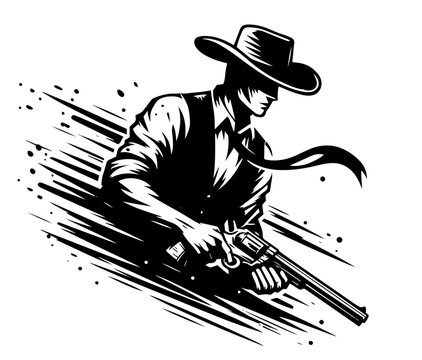 recommend clip art: hand-drawn cowboy aiming revolver, black vector line art