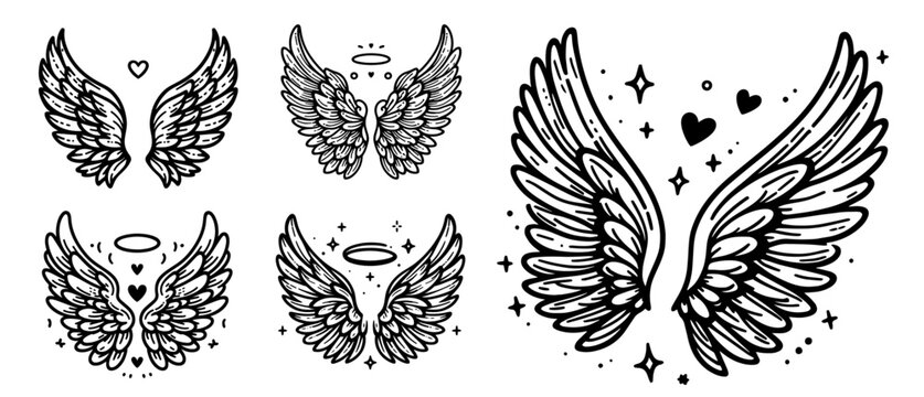 set of angelic wings in line art cartoon style, black vector, hand-drawn sketches