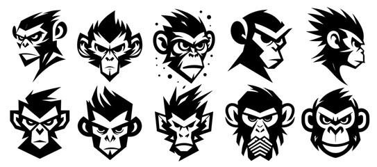 expressive monkey faces in black vector logo design with different emotions