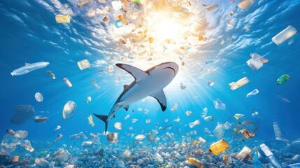 A stunning underwater scene featuring a shark swimming among ocean pollution, highlighting the impact of waste on marine life.
