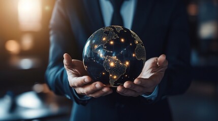 Fototapeta premium Businessman Holding Globe with Digital Connections