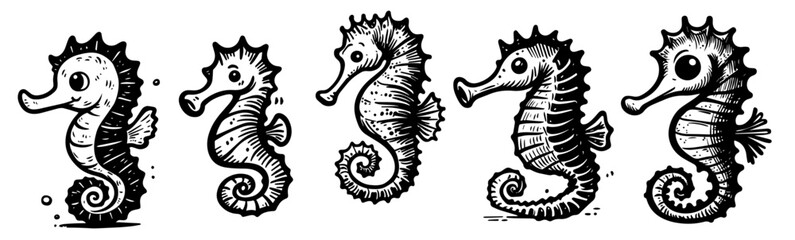 seahorse swimming  in black vector, hand-drawn style vector collection