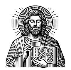 jesus christ in thoughtful pose, spiritual line art sketch
