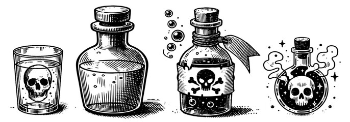 black vector illustration of poison bottle with crossbones line art