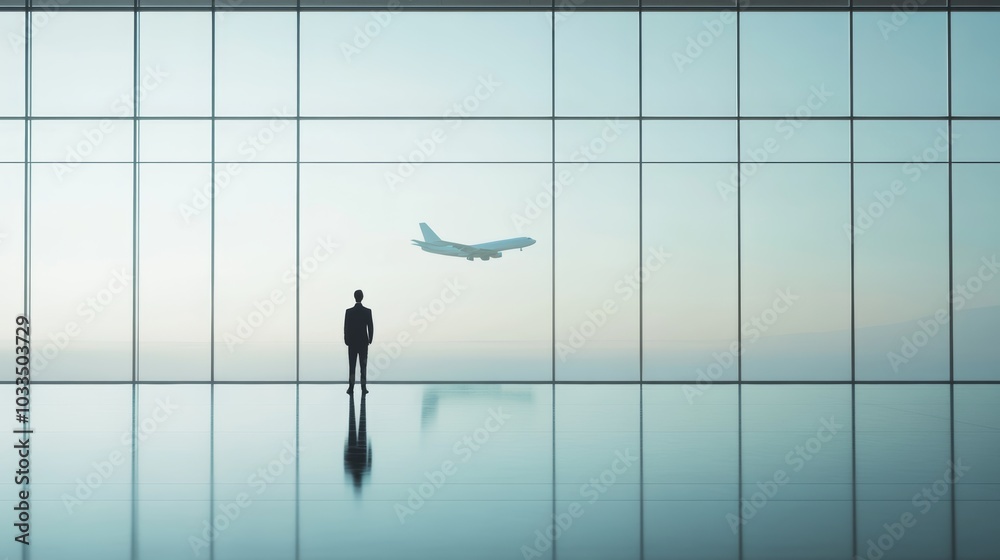 Poster confident businessman in sharp suit watches airplane take off from empty airport terminal, creating 