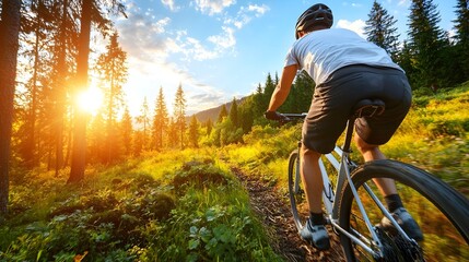 A man cycling on his bicycle through a quiet serene forest in the early morning hours surrounded by lush greenery and a peaceful atmosphere