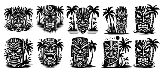 collection of tiki masks and palm tree illustrations black vector design