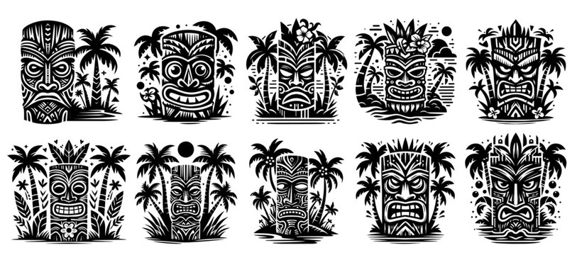 Fototapeta hawaiian tiki masks with palms black vector set of tribal designs