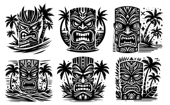 traditional tiki mask art with palm trees black vector illustrations