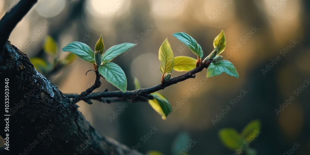 Poster small leaves on a branch of a tree.