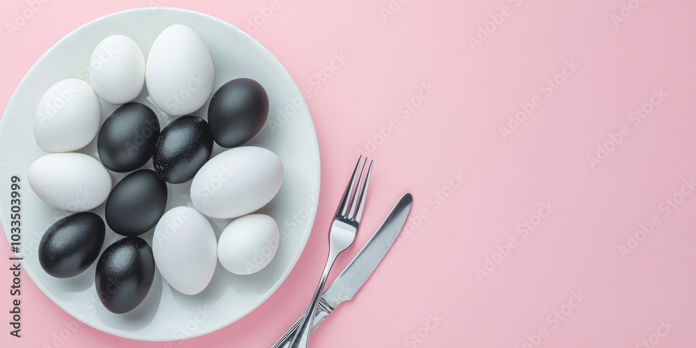 Aufkleber easter dinner setting featuring a plate of black and white eggs, along with a knife and fork on a pa