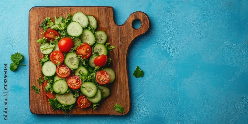 Aufkleber cucumber and tomato salad on a wooden cutting board with a bright blue background. artistic arrangem