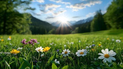 Obraz premium Serene morning meadow bathed in soft mist and vibrant wildflowers creating a peaceful and captivating natural landscape