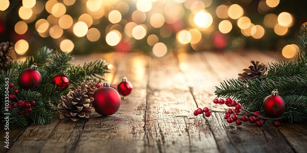 Poster christmas backdrop on a wooden table with copy space.