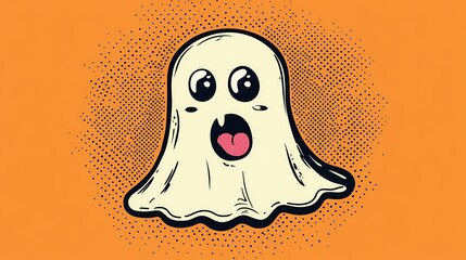 Funny cartoon ghost with big eyes on a bright orange background.