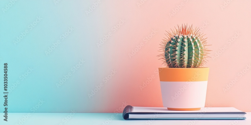 Poster Minimal cactus pot resting on a notebook in front of a pastel wall. Frontal view. Potted cactus houseplants with copyspace for text.