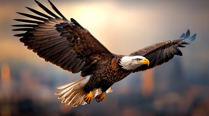 Naklejka premium A majestic eagle soars gracefully over the towering mountain peaks its powerful wings carrying it effortlessly through the clear blue sky