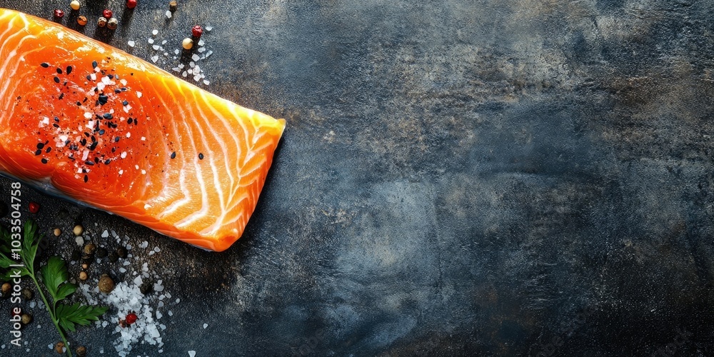 Poster raw salmon fish red steak fillet seafood portion copy space for text pescatarian diet background rus