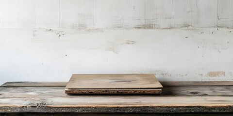 Wooden sandpaper sits on a wooden board on a wooden bench, with a white wall and some planks visible in the background. The floor is wooden. There are no people present. DIY still life.