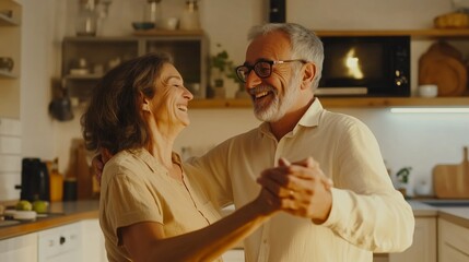 Elderly couple enjoying a joyful dance together in their cozy kitchen during a warm evening at home