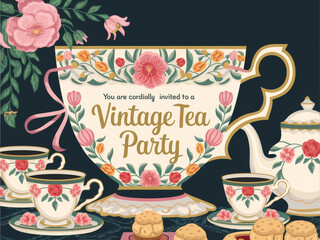 Vintage tea party invitation with floral design and elegant tea set