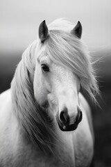 Obraz premium A white horse with a long mane and a black nose. The horse is looking straight ahead