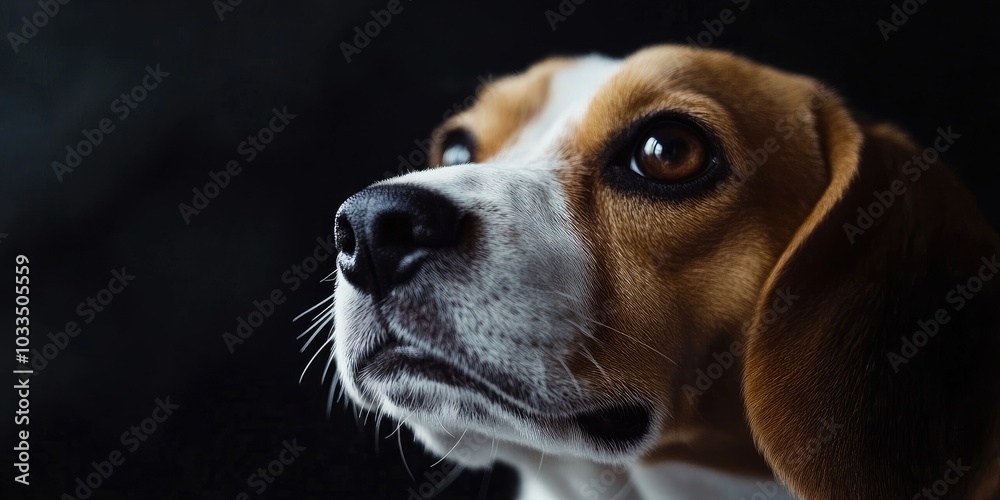 Poster beautiful portrait of a beagle dog on a dark background with copy space, close-up. the beagle is a s