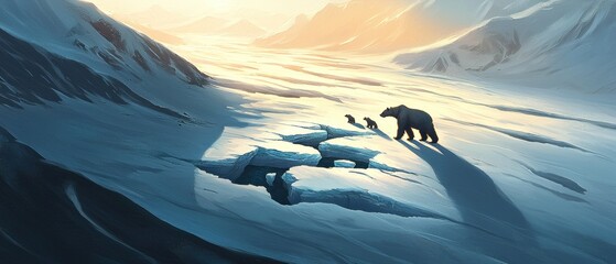 A polar bear family's journey through fragmented ice a struggle for survival in a changing arctic landscape