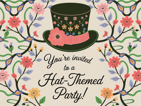 Colorful floral hat invitation for themed party celebration