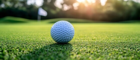 Golf ball close-up on green grass with white flag and copy space.