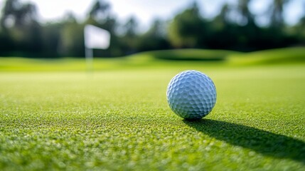 Fototapeta premium Golf ball close-up on green grass with white flag and copy space.