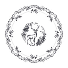 Vector pre-made Christmas greeting card with deer and winter plants, in vintage style.