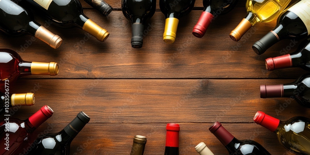 Aufkleber different wine bottles on a wooden table. red and white wines. top view flat lay with copyspace for 