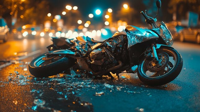 Wrecked motorcycle on city street - Close-up of a damaged motorcycle lying on a city street after a traffic accident.
