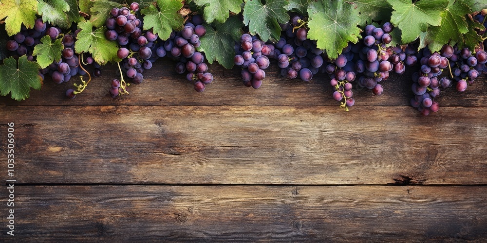 Poster grapes on a vine with leaves resting on a rustic wooden plank