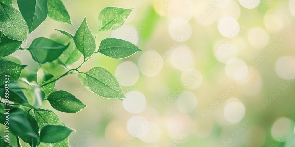 Poster Green leaves in nature against a bokeh background with copy space for text.