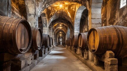 Wine cellar with wooden barrels, dimly lit stone arches, historic ambiance