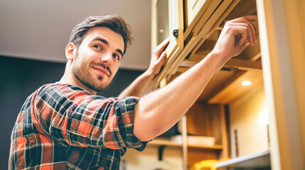 Young male handyman installs kitchen cabinets in a cozy home interior, showcasing a blend of rustic design and sleek craftsmanship