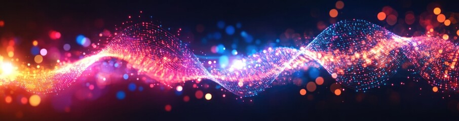 Obraz premium Abstract background with a glowing neon light, red and blue colors with bright particles.