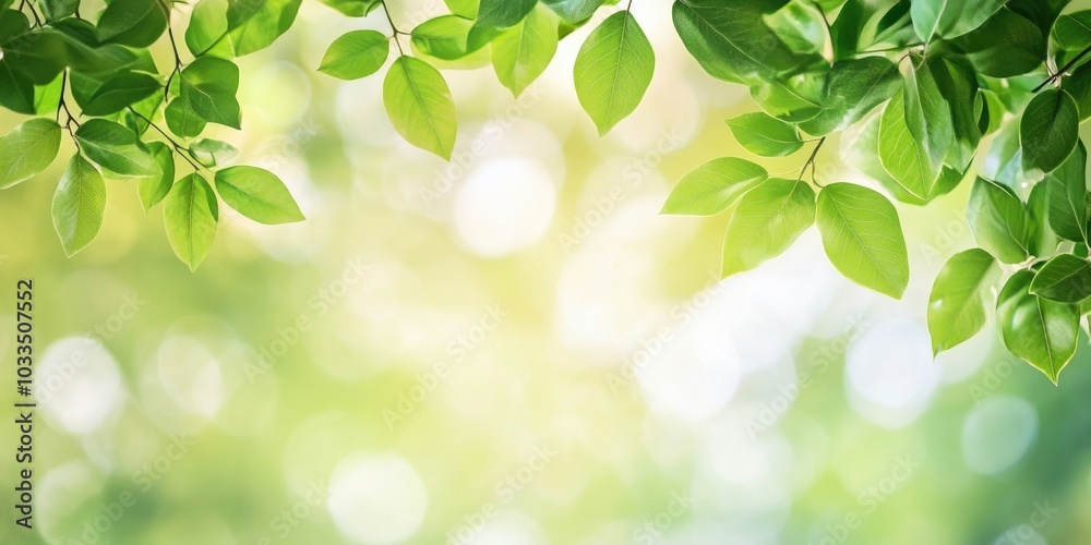 Aufkleber Green leaves in nature against a bokeh background with copy space for text.