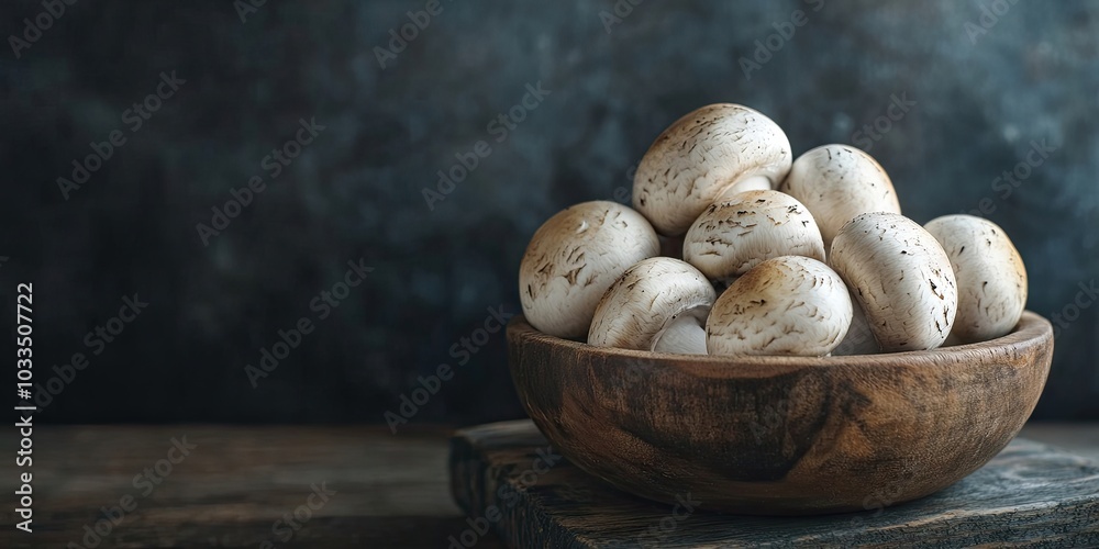 Poster button mushrooms in a wooden bowl with copyspace and a moody background, focused selectively.