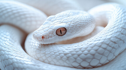 Fototapeta premium Majestic Albino Snake Coiled with Striking Eyes in Serene Focus